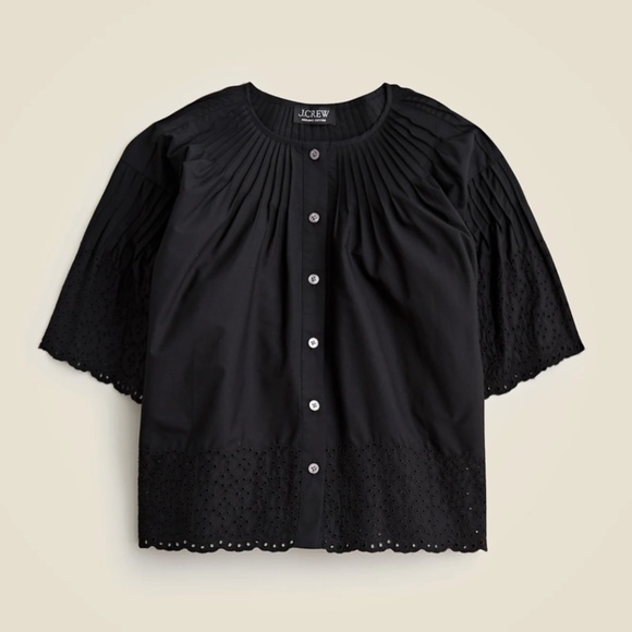 New J.CREW Size XS Jolie Top in Eyelet Cotton Poplin Black $118 CA974 - Picture 1 of 2